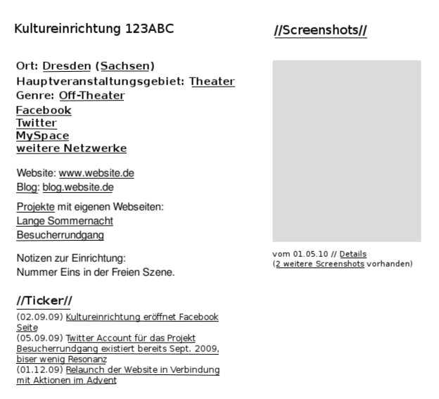 Entwurf einer Profilseite im Katalog für Kultureinrichtungen